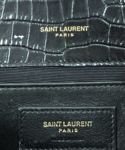 YSL Saint Laurent Small Kate Crocodile-Embossed Black Leather Shoulder Bag With Gold Tassel tag