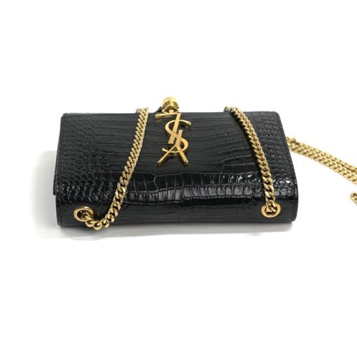 YSL Saint Laurent Small Kate Crocodile-Embossed Black Leather Shoulder Bag With Gold Tassel top