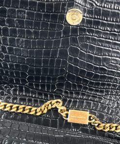 YSL Saint Laurent Small Kate Crocodile-Embossed Black Leather Shoulder Bag With Gold Tassel flap