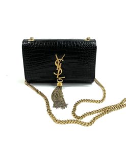 YSL Saint Laurent Small Kate Crocodile-Embossed Black Leather Shoulder Bag With Gold Tassel front