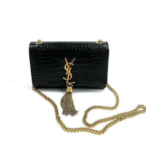 YSL Saint Laurent Small Kate Crocodile-Embossed Black Leather Shoulder Bag With Gold Tassel front
