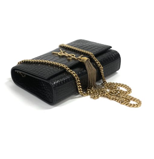 YSL Saint Laurent Small Kate Crocodile-Embossed Black Leather Shoulder Bag With Gold Tassel top