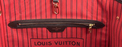 Louis Vuitton Neverfull MM Damier Ebene Tote red interior zipper