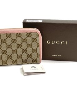 Gucci GG Canvas Zip Around Wallet with Soft Pink Trim with box