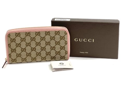Gucci GG Canvas Zip Around Wallet with Soft Pink Trim with box