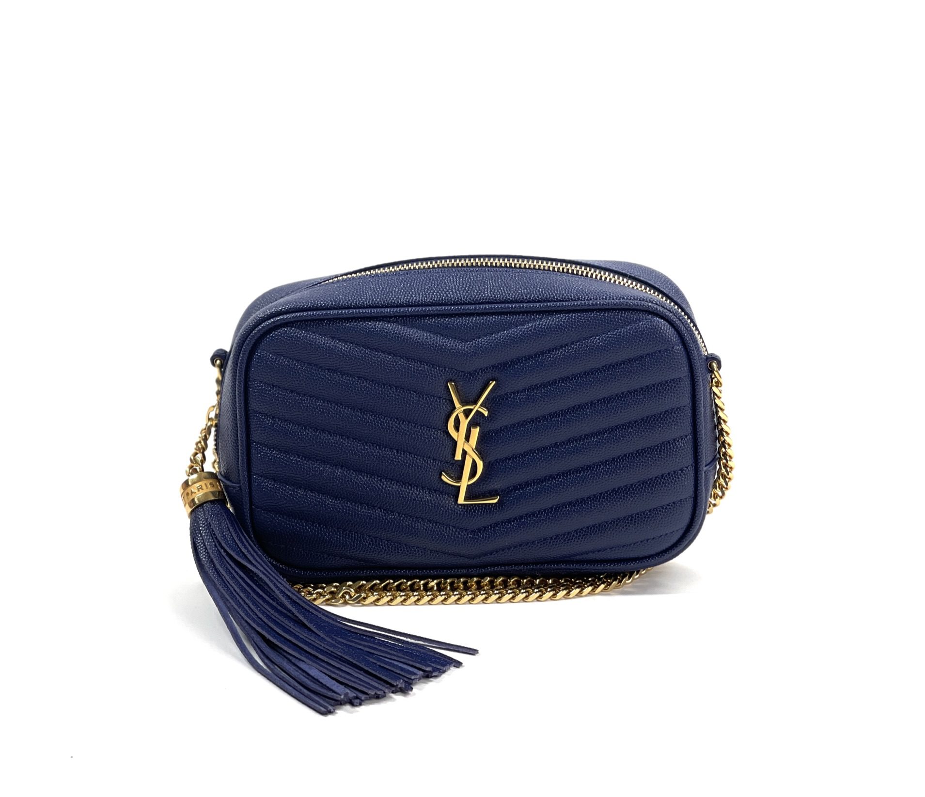 YSL Mini Lou Quilted Grain De Poudre Embossed Navy Leather - A