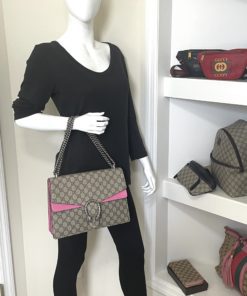 Gucci GG Supreme Monogram Medium Dionysus Shoulder Bag Pink w mannequin