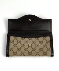 Gucci GG Long Wallet with Dark Brown Leather Trim flap