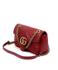 GUCCI  GG Marmont Chevron Leather with Red Trim Shoulder Bag in