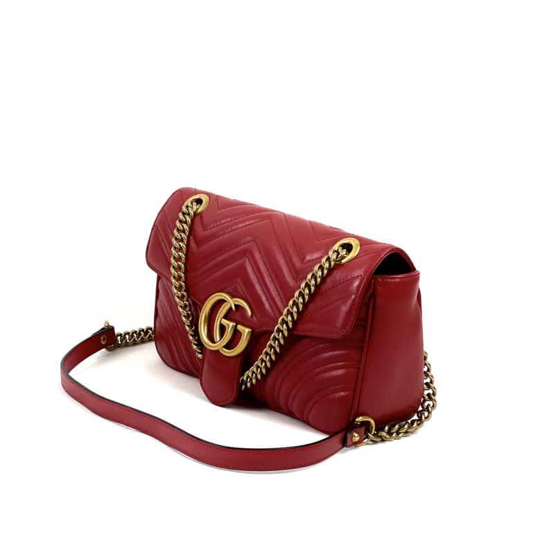 New Authentic Gucci GG Marmont Matelasse Leather Mini Bucket Bag Hibiscus  Red