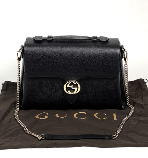 Gucci Black Leather Large Interlocking G 2 Way Bag Gold HW 3