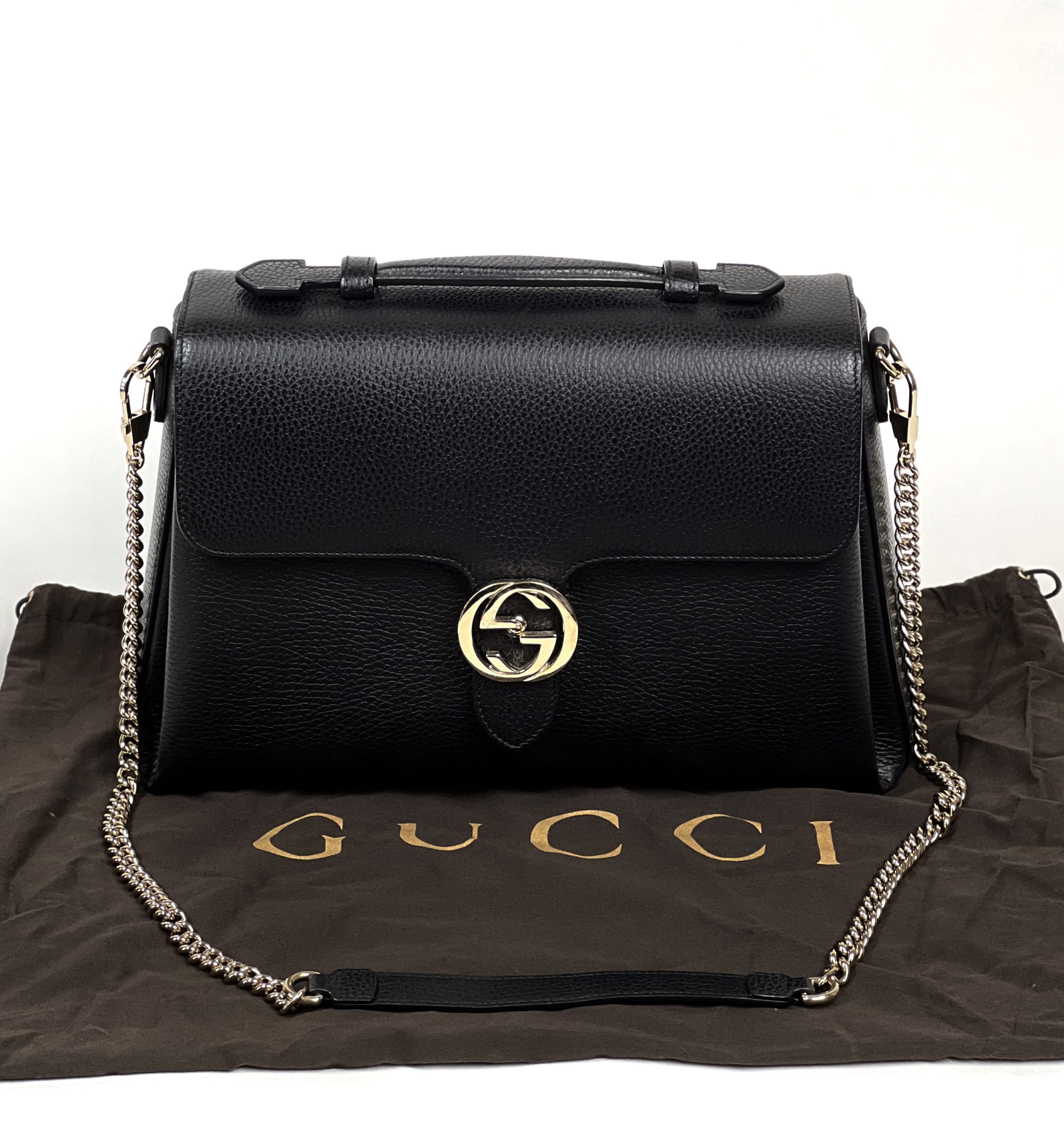 Gucci - GG Interlocking Leather Large Chain Top Handle Bag Black
