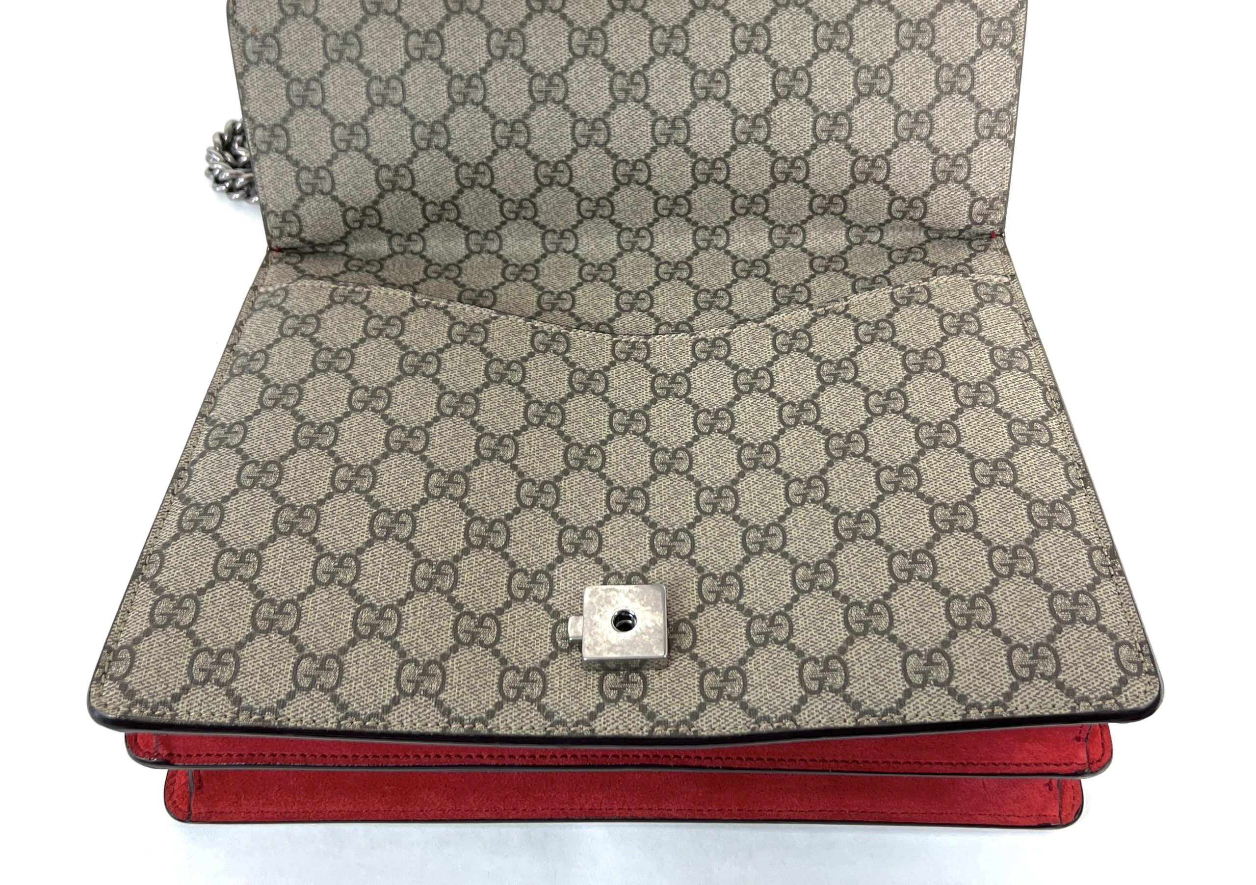 Gucci Dionysus Crossbody Bag GG Supreme Beige Monogram Canvas Red Suede