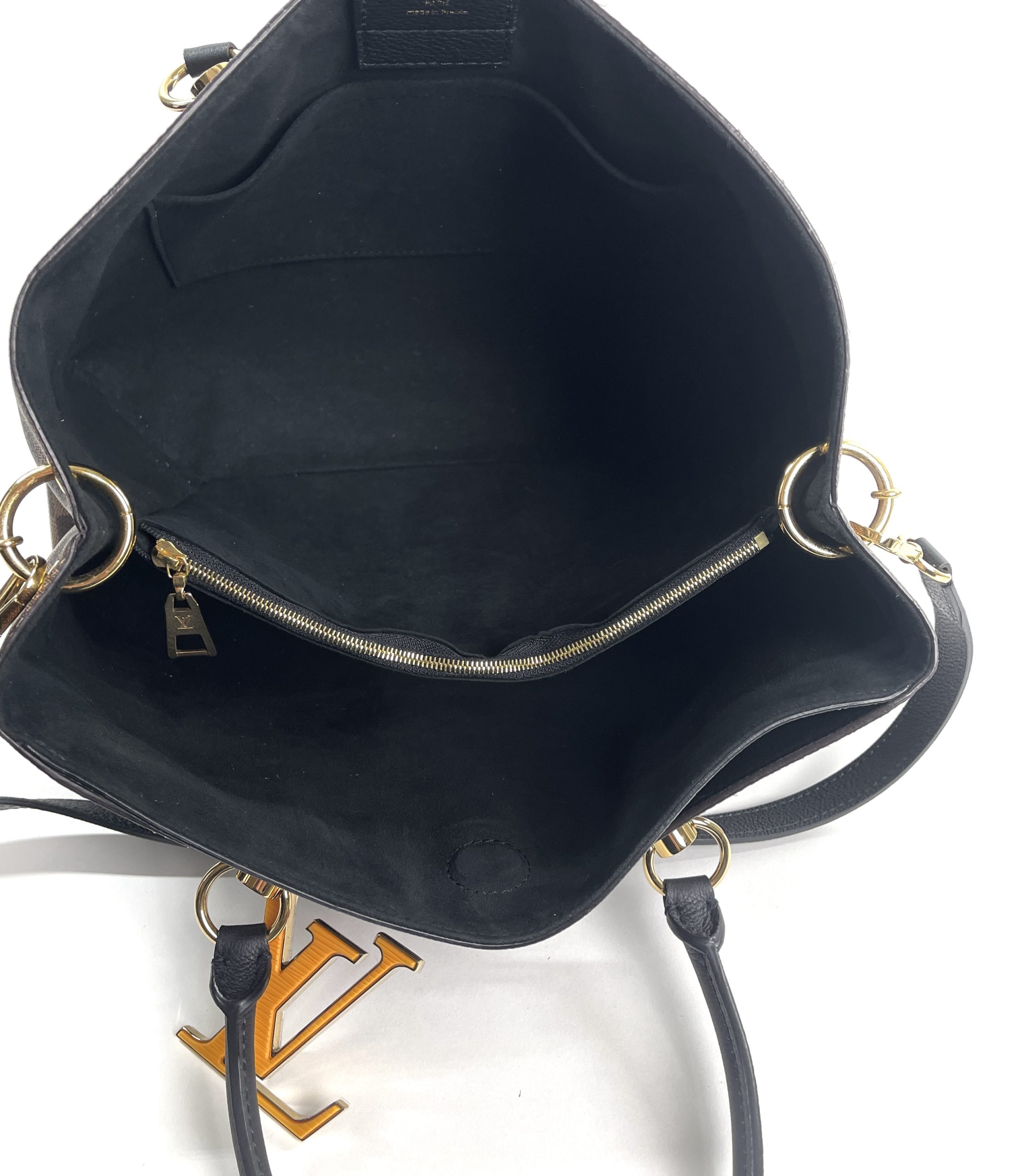 Authentic Louis Vuitton Damier Ebene Canvas with Black Leather Riverside Bag