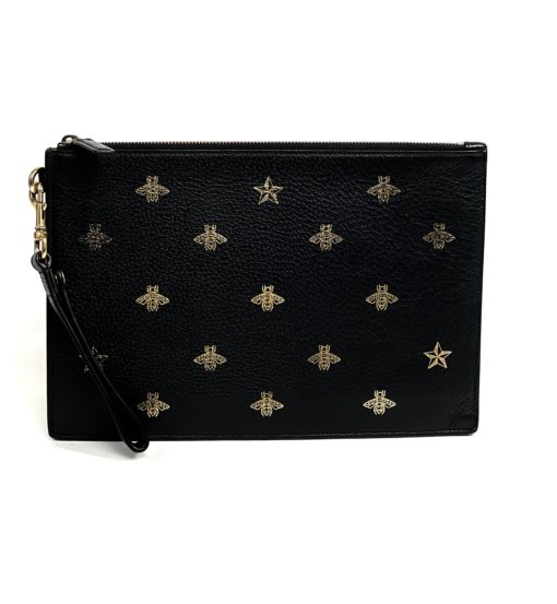 Gucci Black Leather Bee Star Motif Wristlet Pouch 4