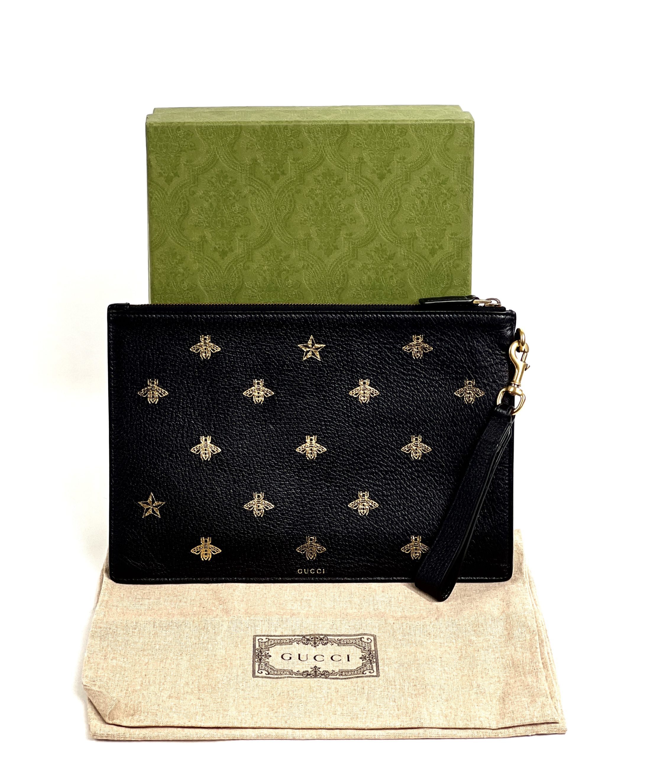 Gucci Animalier Bee Embroidered Pouch Clutch Bag Black Leather