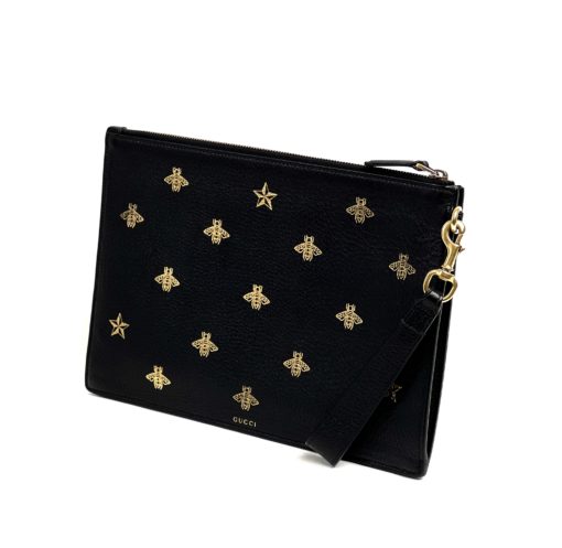Gucci Black Leather Bee Star Motif Wristlet Pouch