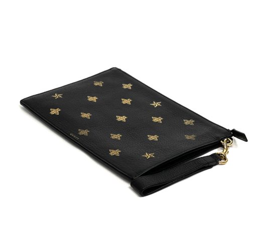 Gucci Black Leather Bee Star Motif Wristlet Pouch 7