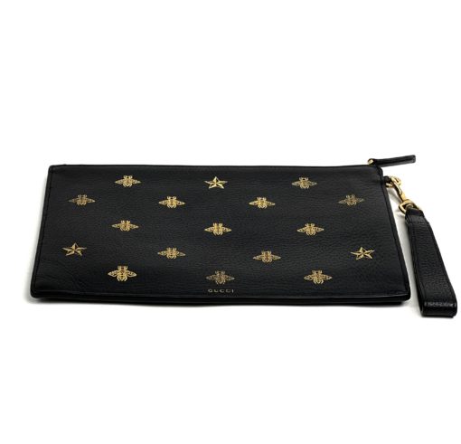 Gucci Black Leather Bee Star Motif Wristlet Pouch 10