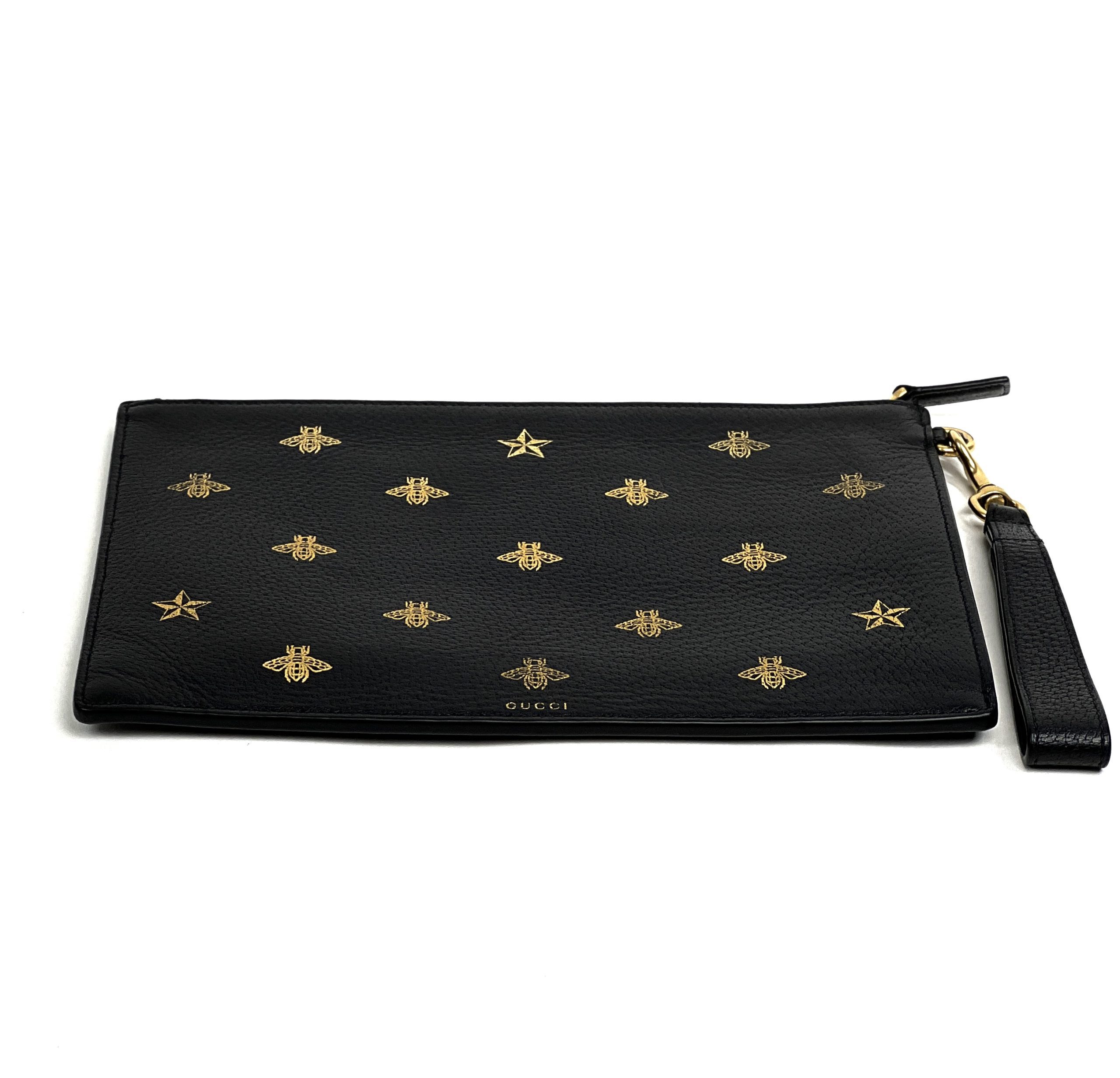 GUCCI Blade Embroidery Leather Wristlet Pouch Black 597678