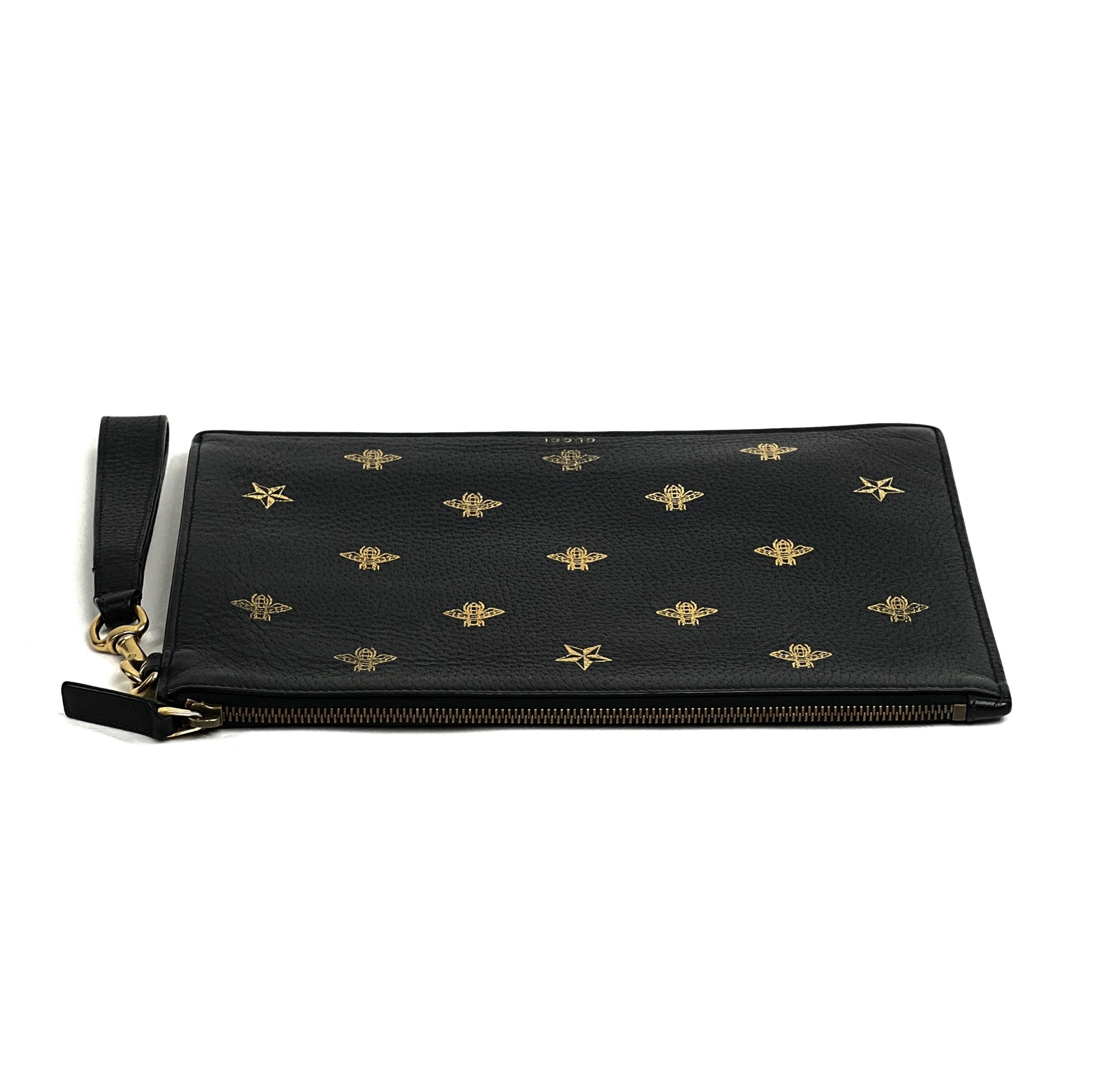 Gucci Animalier Bee Embroidered Pouch Clutch Bag Black Leather