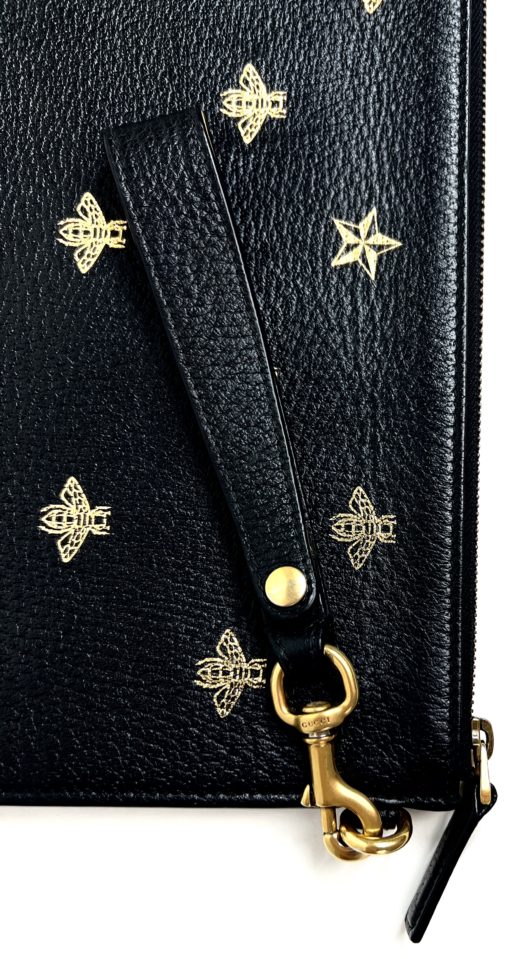 Gucci Black Leather Bee Star Motif Wristlet Pouch 15