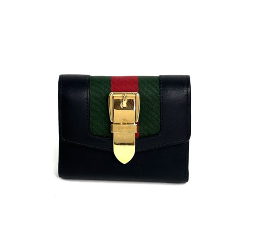 Gucci Sylvie Black Web Tri-fold Compact Wallet