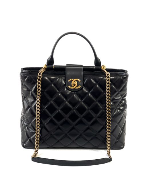 Chanel Large Black Quilted Aged Calfskin Gold Bar Tote