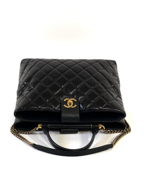 Chanel Large Black Quilted Aged Calfskin Gold Bar Tote 6