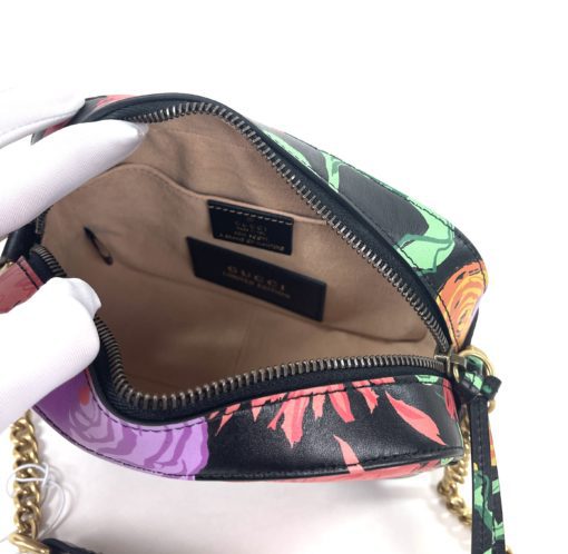 Gucci Ken Scott Calfskin Matelasse Floral Print Mini Marmont Chain Shoulder Bag Black Pink 7