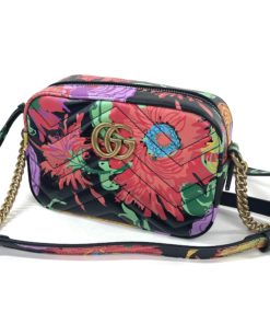 Gucci Ken Scott Calfskin Matelasse Floral Print Mini Marmont Chain Shoulder Bag Black Pink