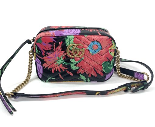 Gucci Ken Scott Calfskin Matelasse Floral Print Mini Marmont Chain Shoulder Bag Black Pink 5