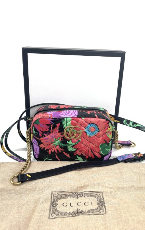 Gucci Ken Scott Calfskin Matelasse Floral Print Mini Marmont Chain Shoulder Bag Black Pink 4