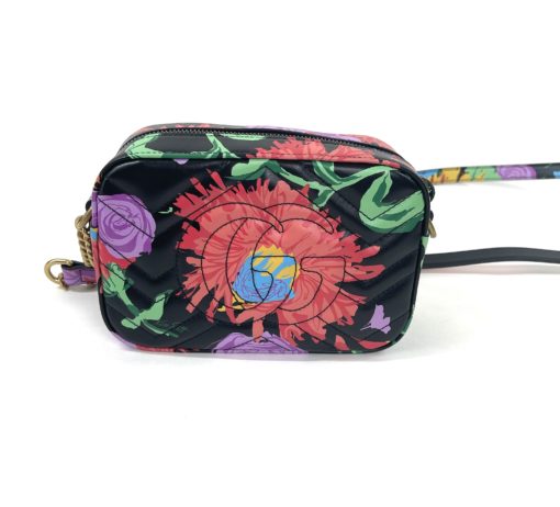 Gucci Ken Scott Calfskin Matelasse Floral Print Mini Marmont Chain Shoulder Bag Black Pink 6