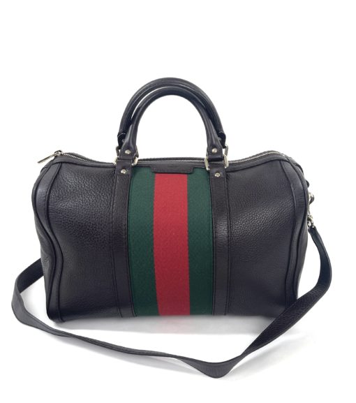 Gucci Joy Dark Brown Leather Web Boston Bag with long strap