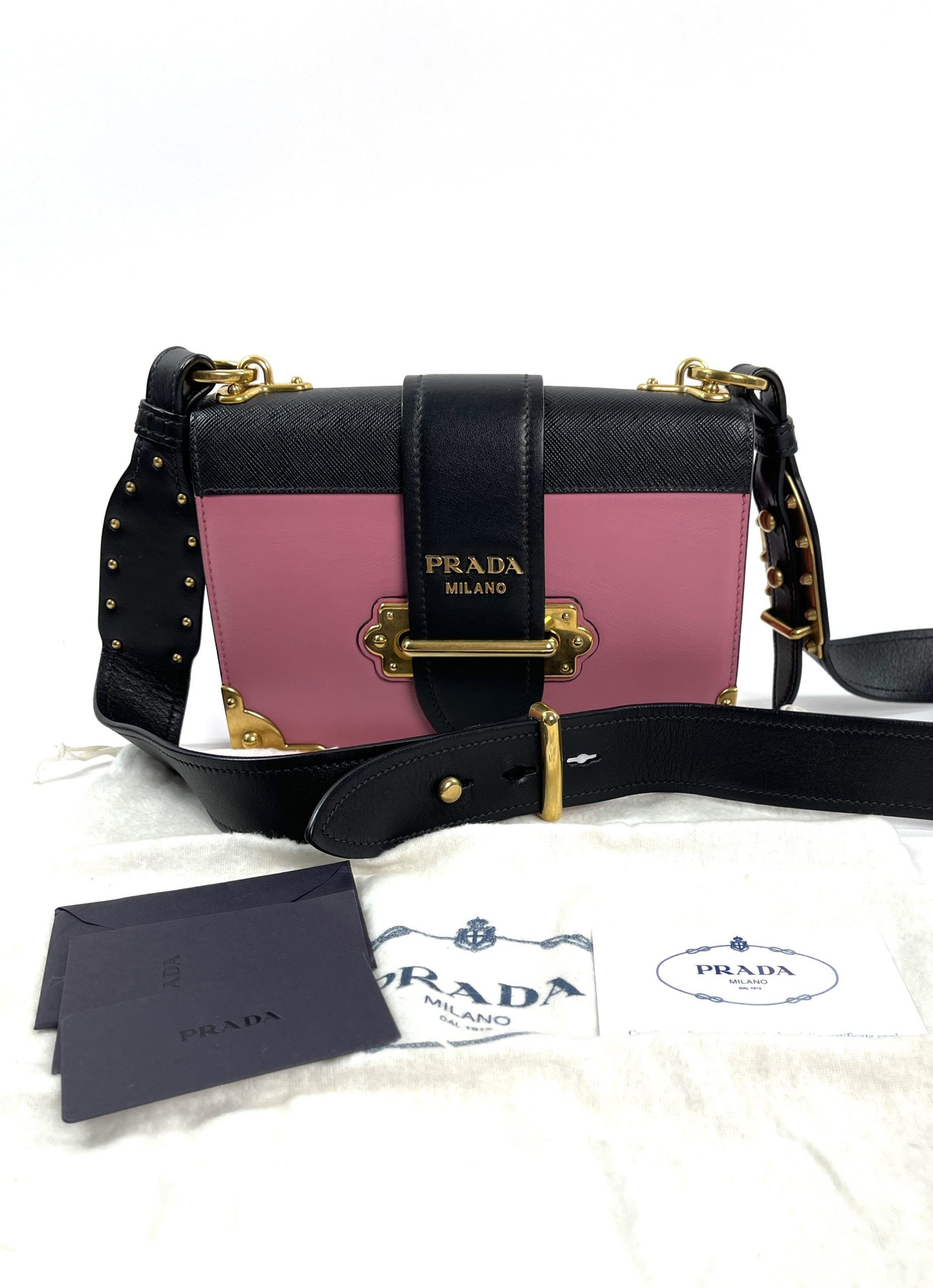 Prada City Calf Saffiano Cahier Bag Geranio Black Shoulder Bag With Studs -  A World Of Goods For You, LLC