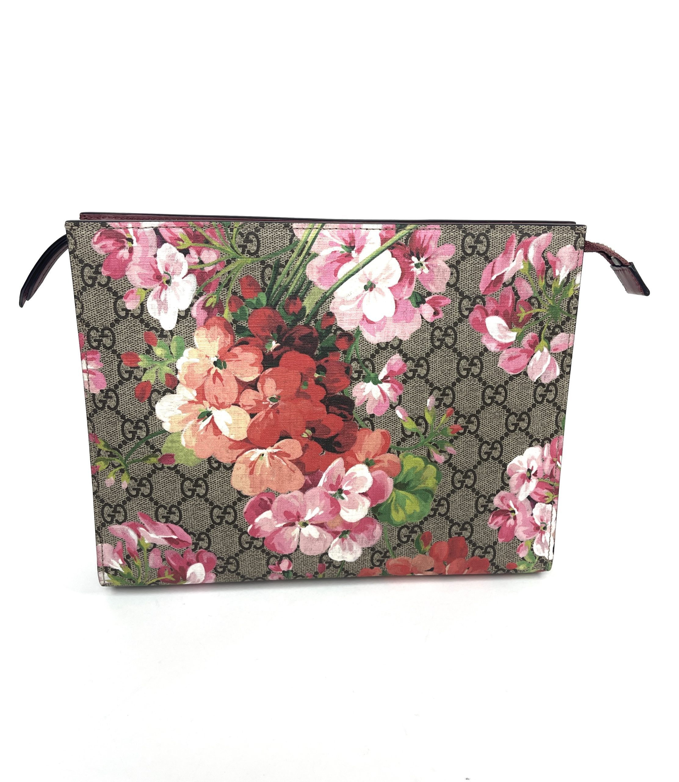 Gucci GG Supreme Guccissima Pink Blooms Print Floral Leather Clutch Pouch  Bag 