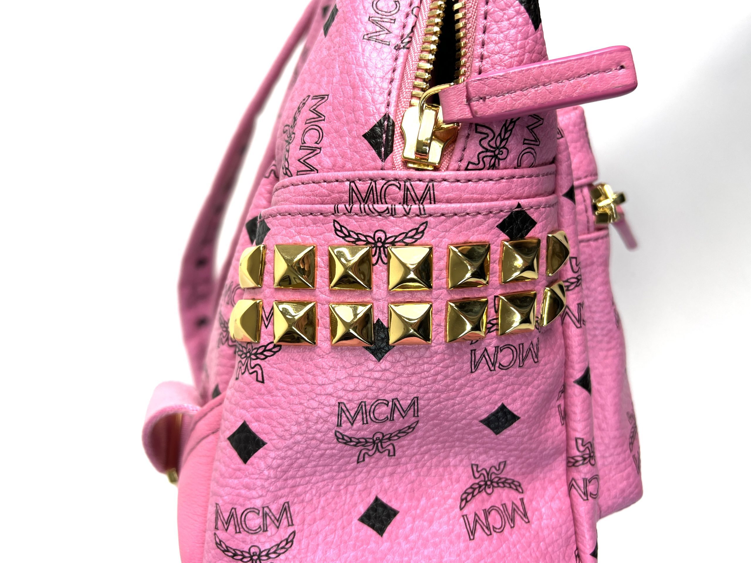 MCM Stark Backpack Visetos Side Studs Medium Soft Pink in Leather