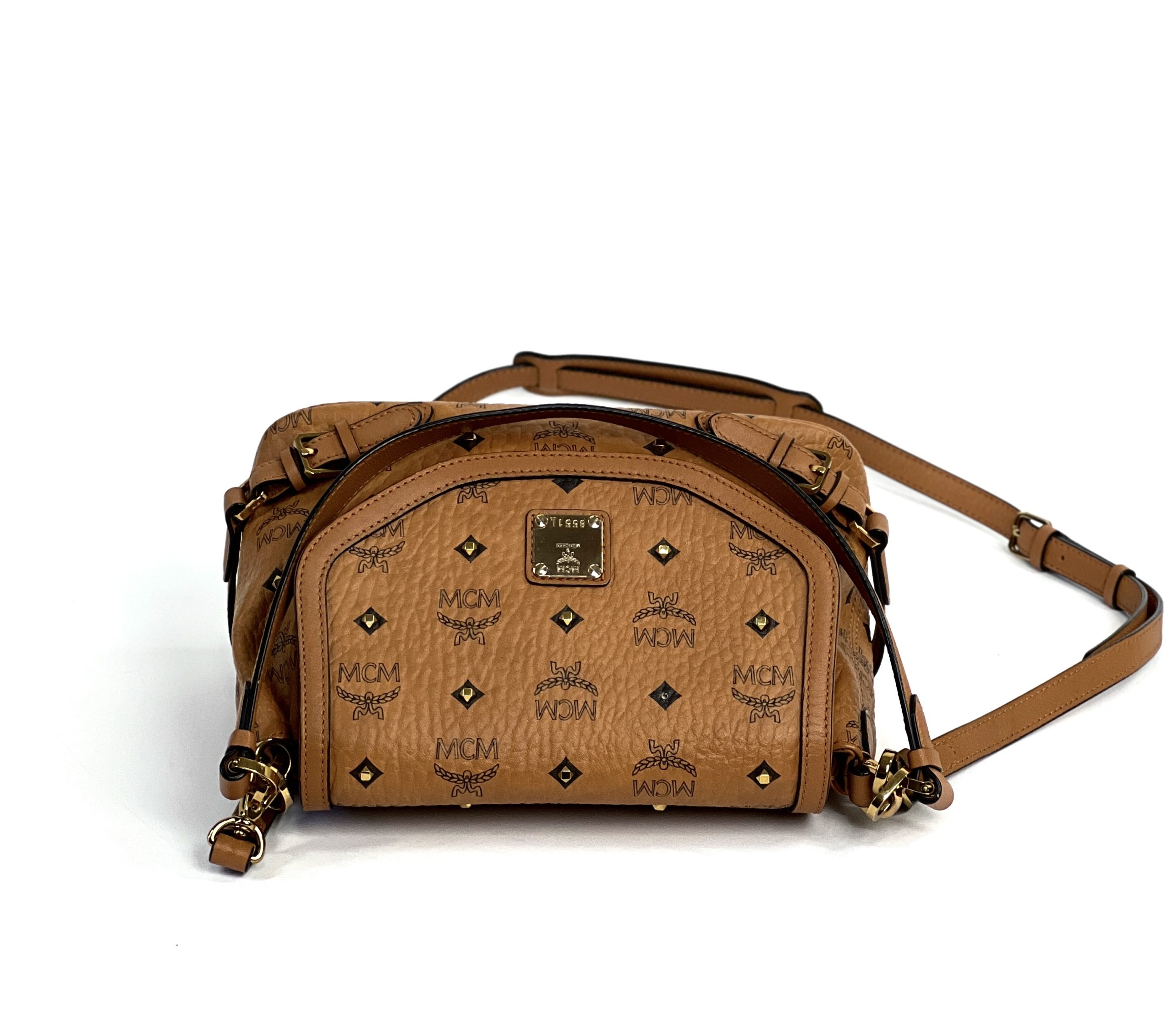 MCM Visetos Brown Leather Crossbody Satchel Bag - A World Of Goods