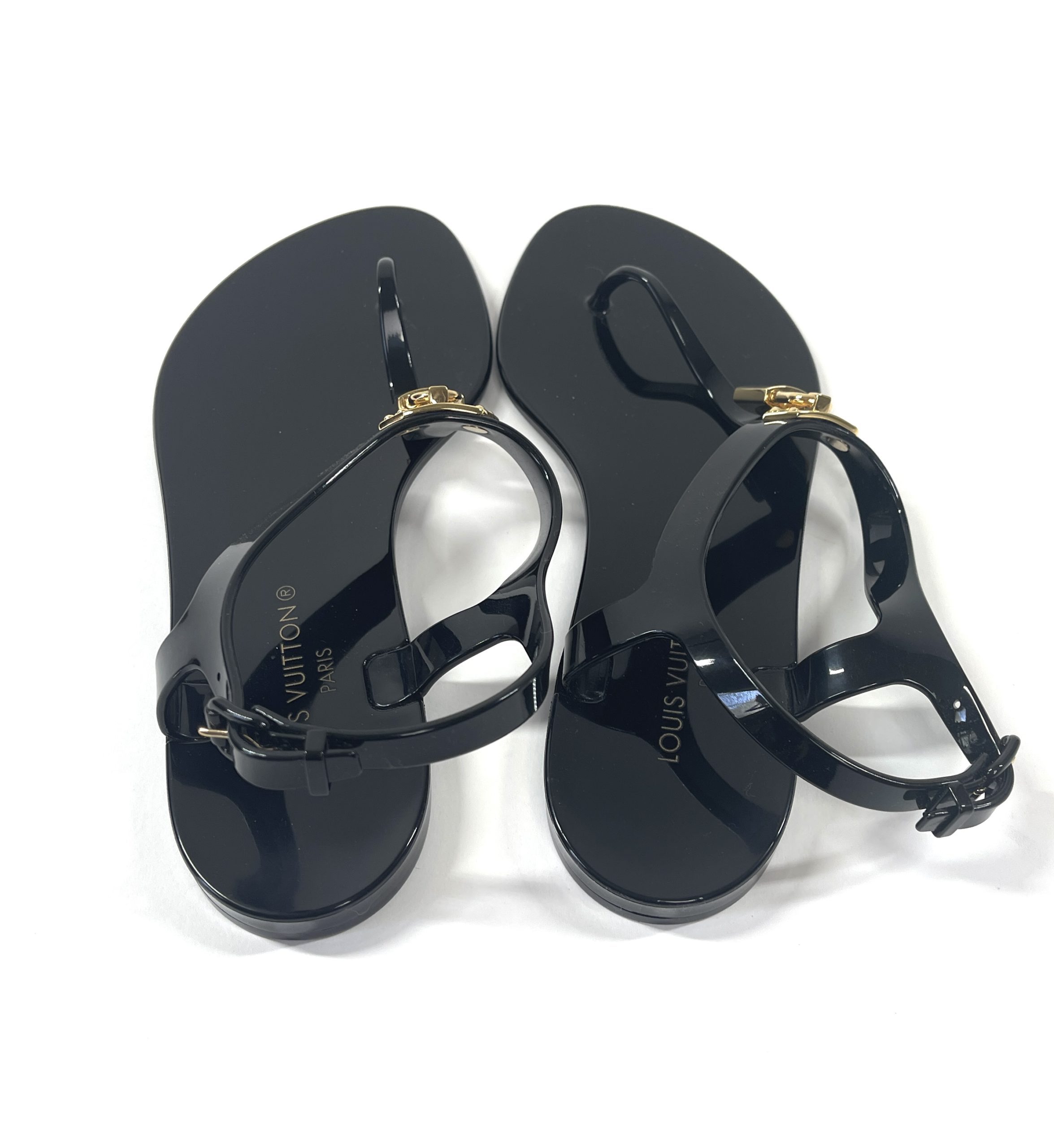 Louis Vuitton, Shoes, Louis Vuitton Logo Black Jean Thong Sandals New  Without Tags Eu 38 Us 885