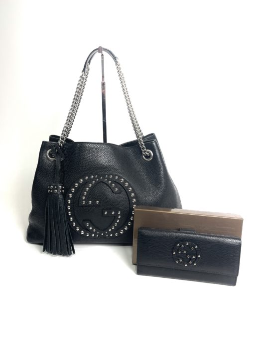 Gucci Black Soho Chain Shoulder Bag Black Studs and Wallet Set 2