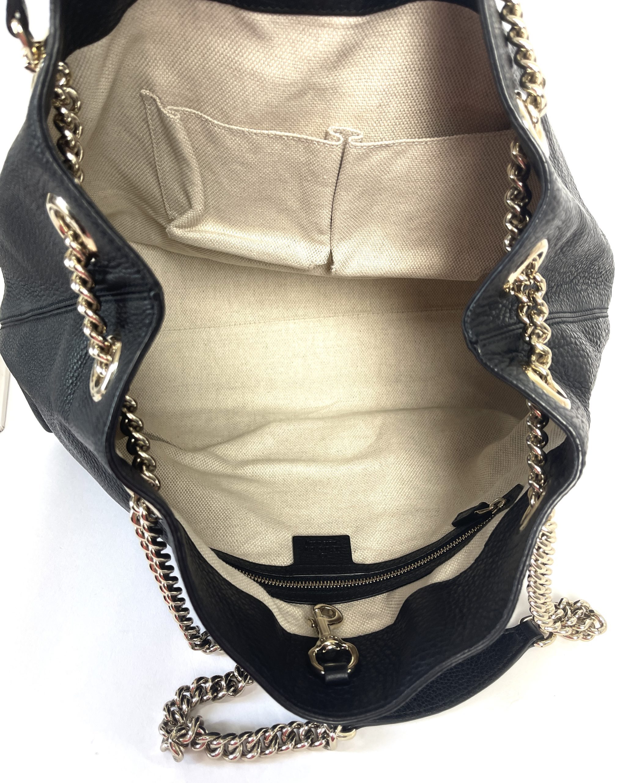 Gucci Soho Medium Black Double Leather Chain Shoulder Bag Tote Black Gold  New