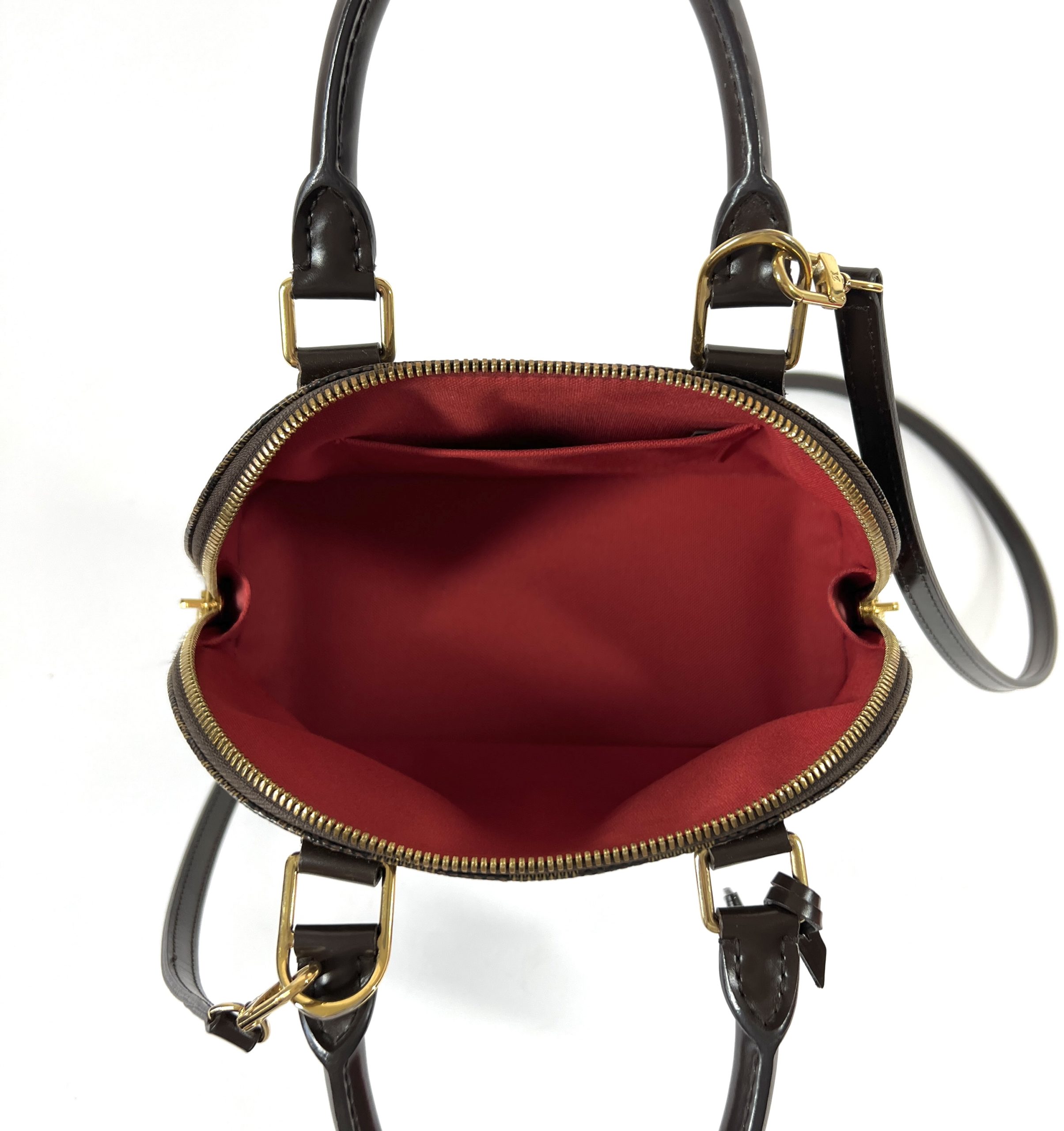Louis Vuitton Damier Ebene Coated Canvas Alma PM Gold Hardware, 2021 (Like New), Red/Brown Womens Handbag