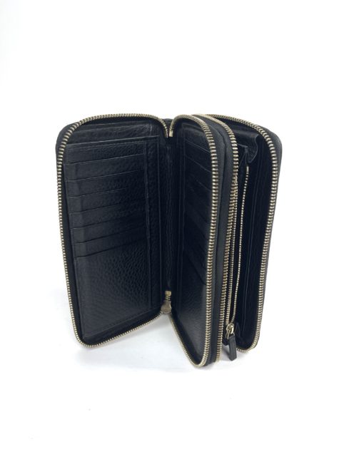 Gucci Soho Cellarius Black Pebbled Leather Double Zip Around Clutch Wallet 19