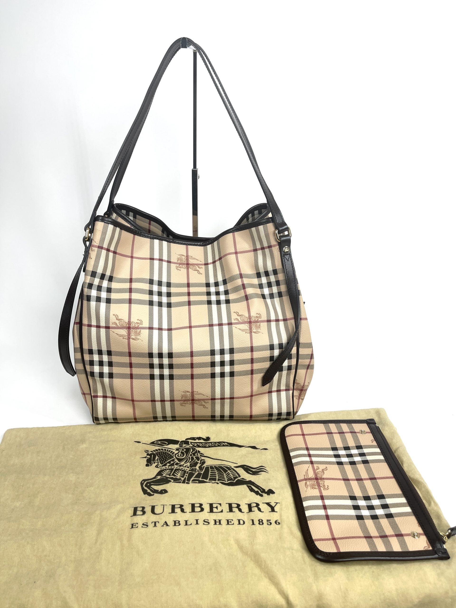 BURBERRY logo Side pocket Tote Bag Hand Bag Leather Beige