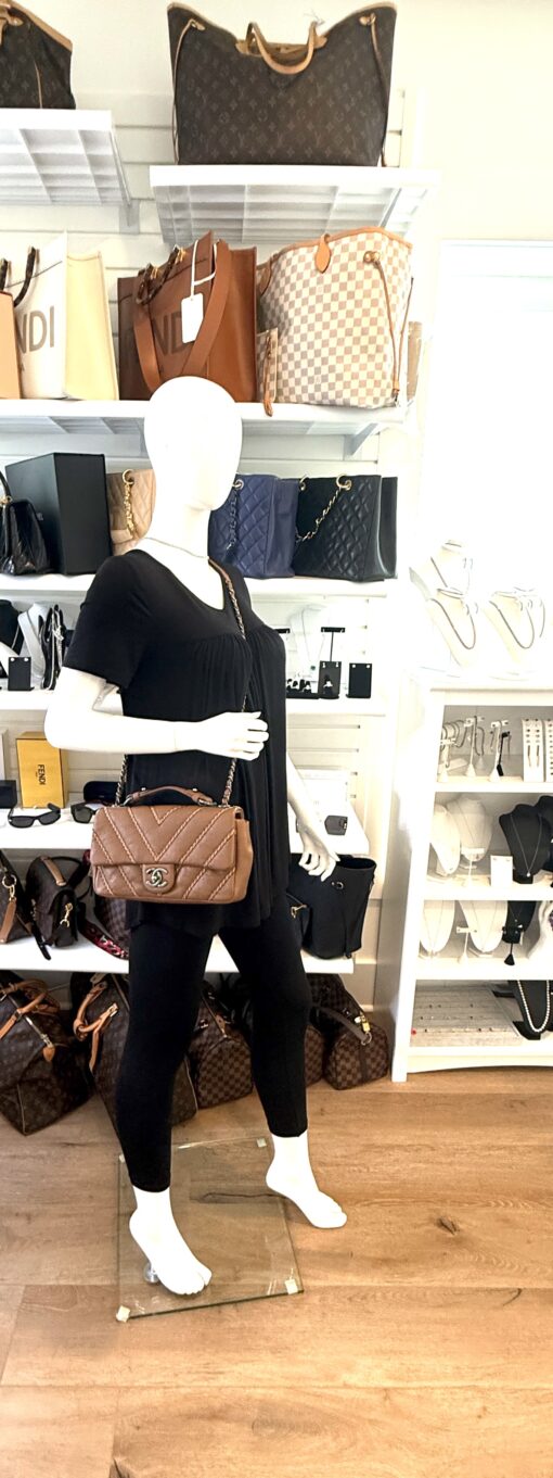 Chanel Brown Chevron Stitched Leather Classic Top Handle Bag - Image 2