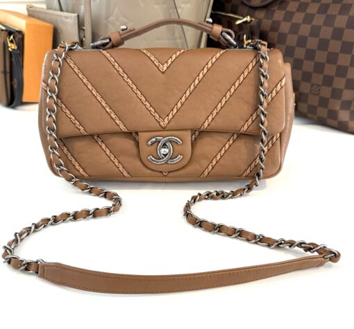 Chanel Brown Chevron Stitched Leather Classic Top Handle Bag