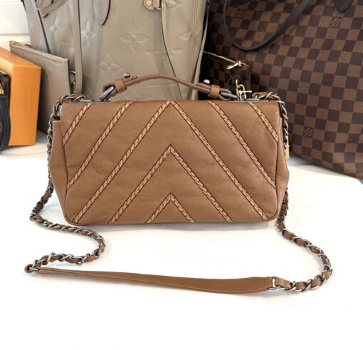 Chanel Brown Chevron Stitched Leather Classic Top Handle Bag - Image 5