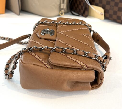 Chanel Brown Chevron Stitched Leather Classic Top Handle Bag - Image 23