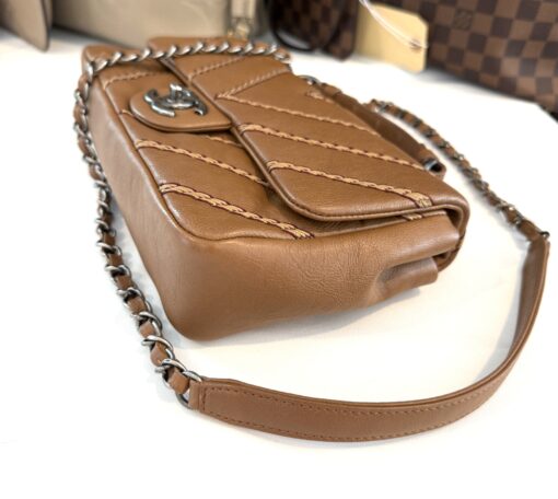 Chanel Brown Chevron Stitched Leather Classic Top Handle Bag - Image 19